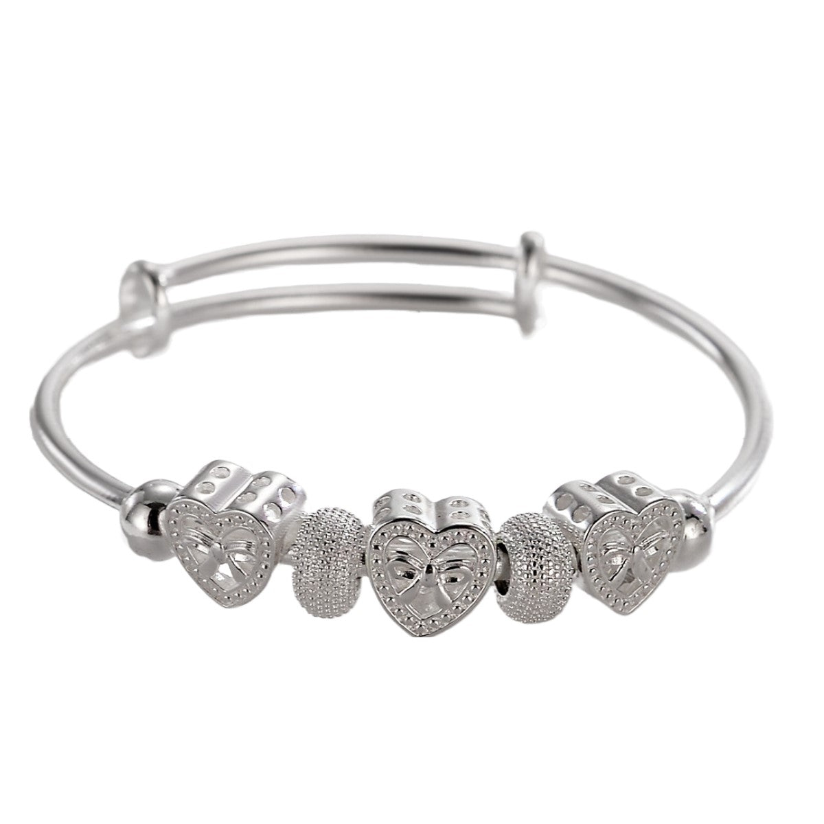 Elegant Sterling Silver Heart Charm Bracelet with Adjustable Bangle