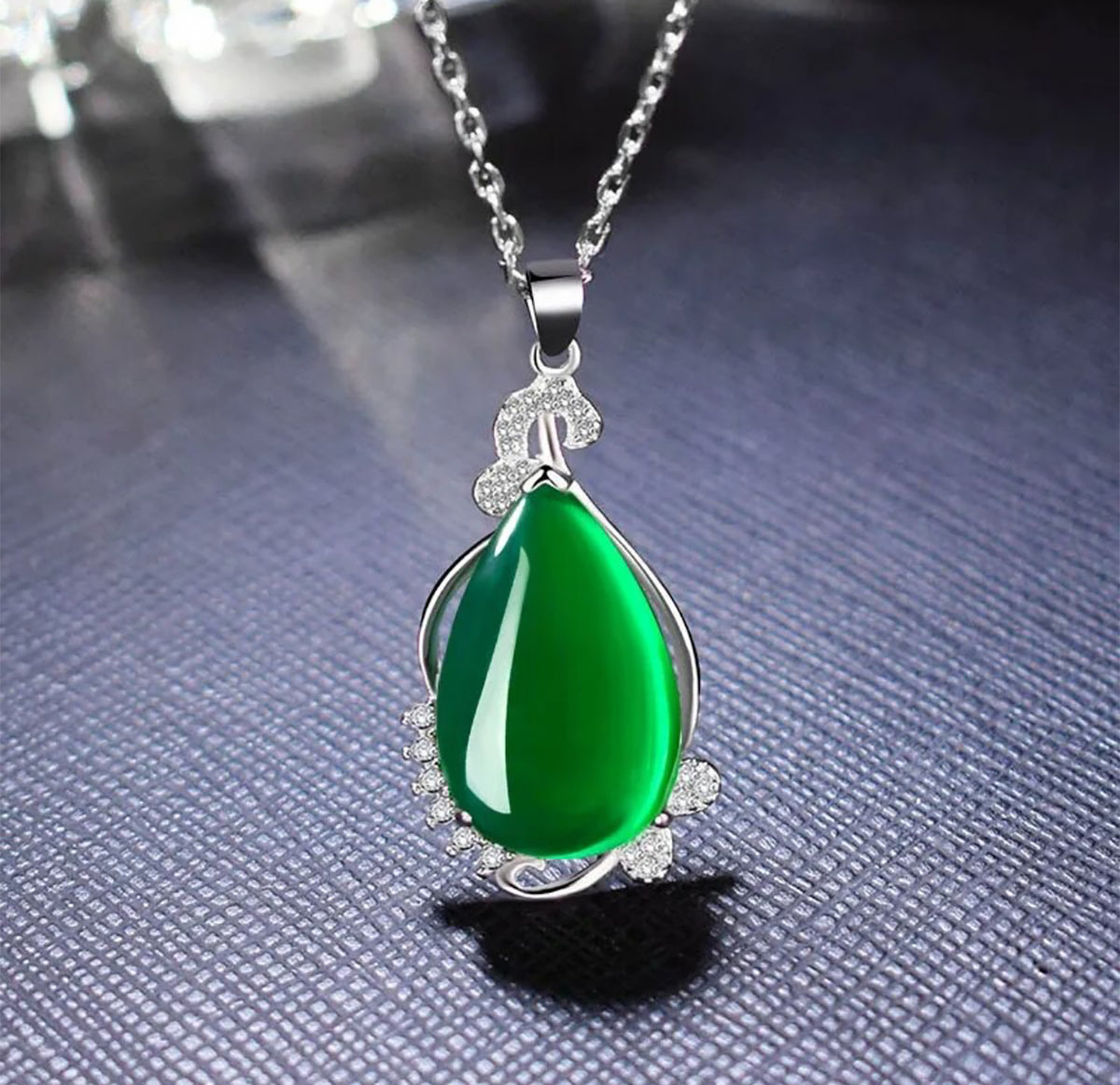 Majestic Pear Chalcedony Jade and Cubic Zirconia Elegance Sterling Silver Pendant
