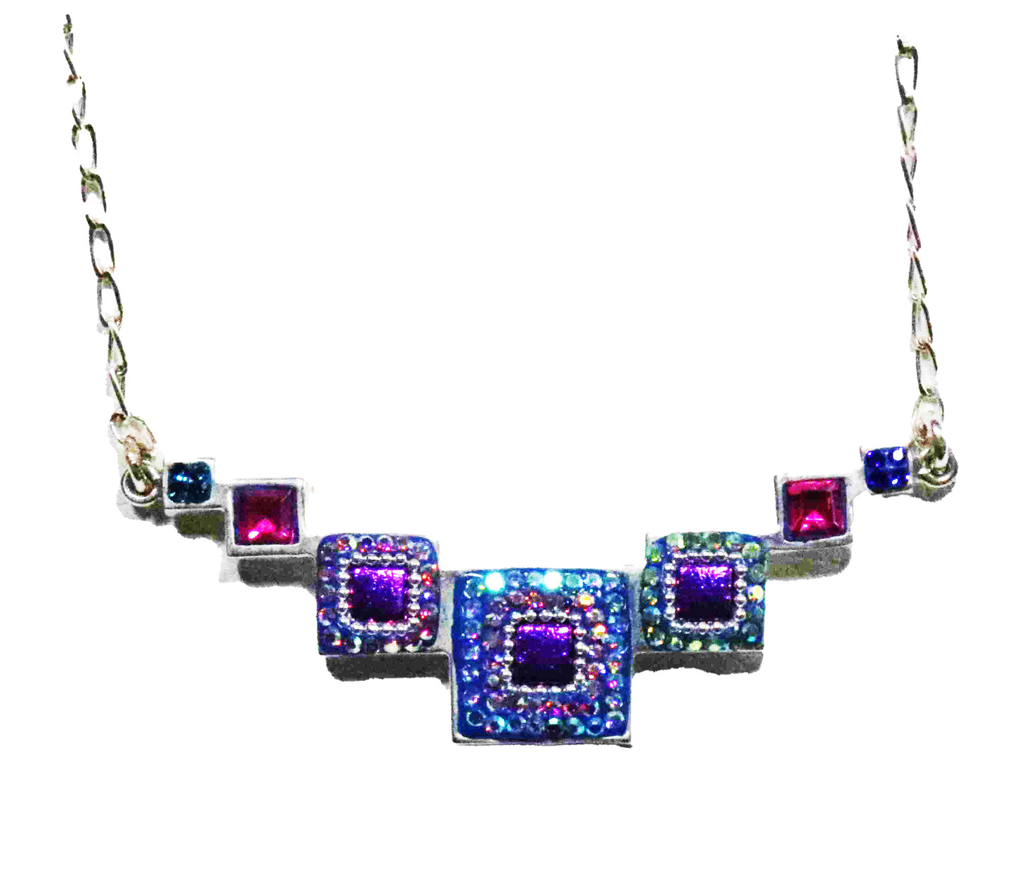 Sparkling Symphony Multi-Synthetic Gemstone Sterling Silver Necklace with various Graduated Sizes of Square Blocks