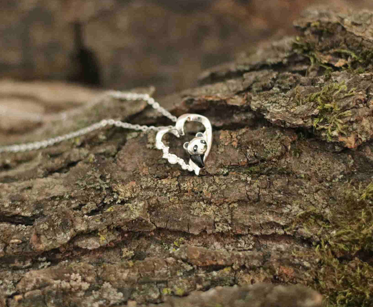 Sparkling Panda Love Sterling Silver Heart Pendant 18"