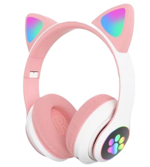Cute Cat Ear Headphones With Wireless Bluetooth Noise Cancelling Microphone & LED Lights-Pink