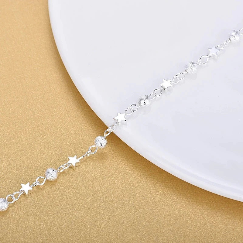 Sterling Silver Florentine Ball & High Polish Star Bracelet 7"