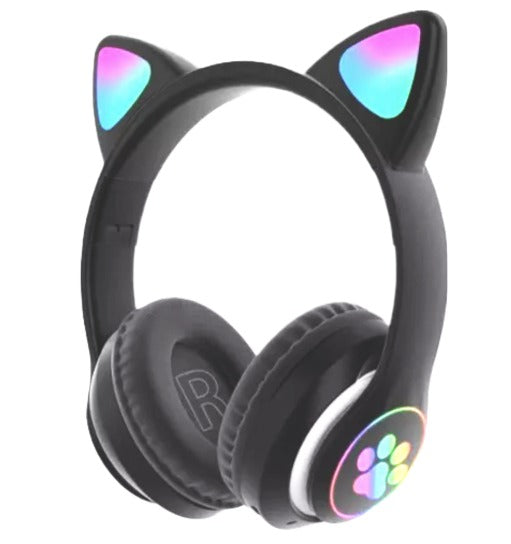 Cute Cat Ear Headphones With Wireless Bluetooth Noise Cancelling Microphone & LED Lights- Black