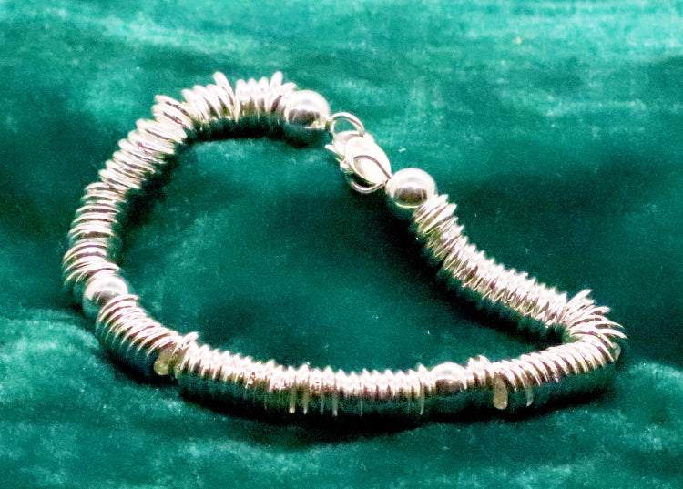 Sterling Silver Ingeniously Designed Bracelet with Four Solid Beads and Full Circle Rings Links. Exquisite Craftmanship Unique.