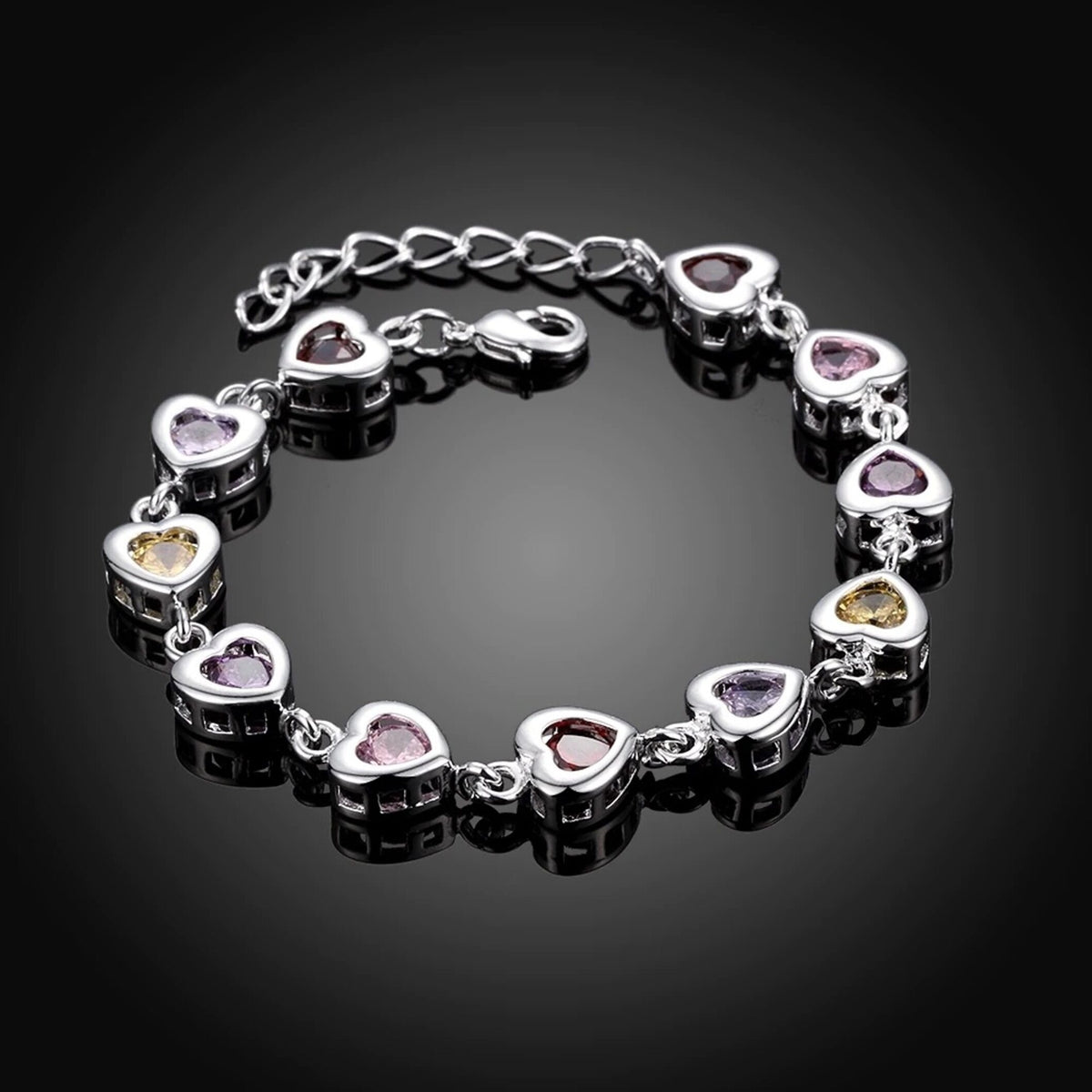 Sterling Silver Heart Bracelet With Multi Color Synthetic Stones