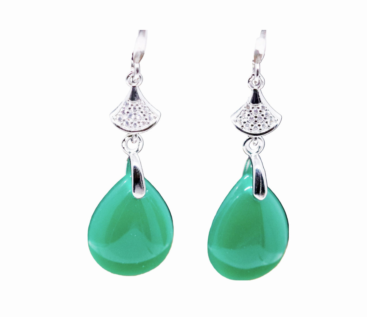 Elegant Sterling Silver Water Droplet Sleek Finish Genuine Jade Drop Earrings