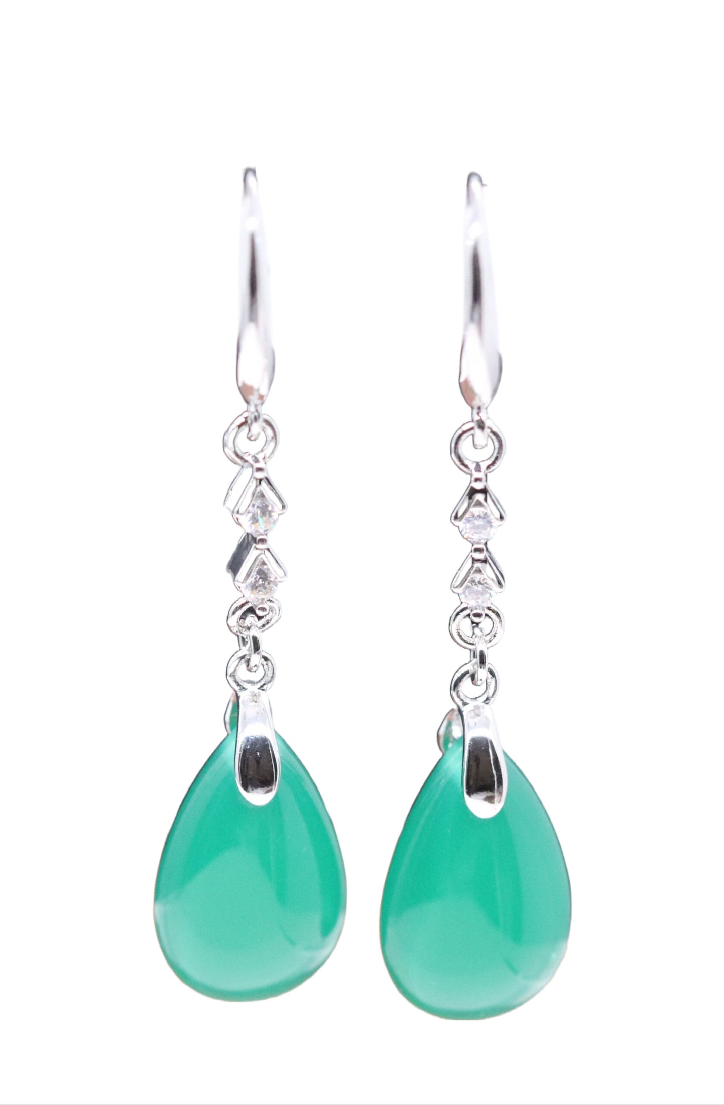 Elegant Sterling Silver Tear-Drop Polished Natural Jade Dangle Earrings