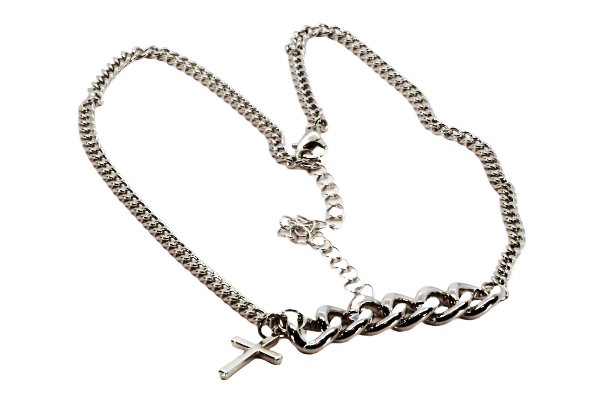 Sterling Silver Rhodium Finish Adjustable Necklace With Large Curb Chain And High Polish Cross Pendant