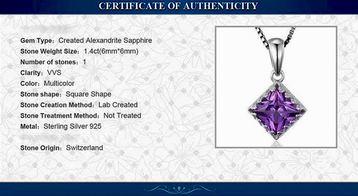 Sterling Silver Square Shaped Lab Created Alexandrite Sapphire Solitaire Pendant Set in Exquisite Sterling Silver Setting on 18" Box Chain. Origin of Stone Switzerland