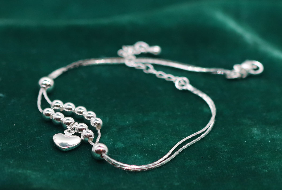 Elegant Sterling Silver Double Strand Cobra Chains Bracelet with Heart Charm