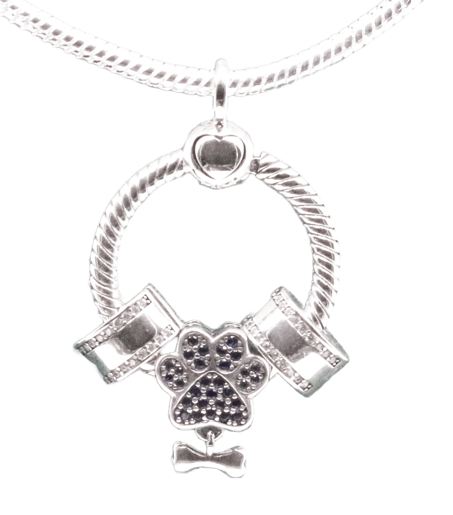 Elegant Sterling Silver O Charm Push Lock Pendant with CZ and Paw Charm