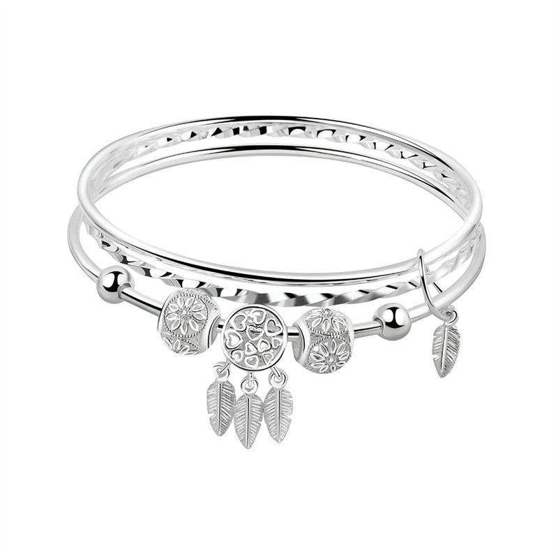 Sterling Silver Slip-on 3 Bangle Bracelet With 5 Diamond Cut Beads And 4 Hanging Feathers