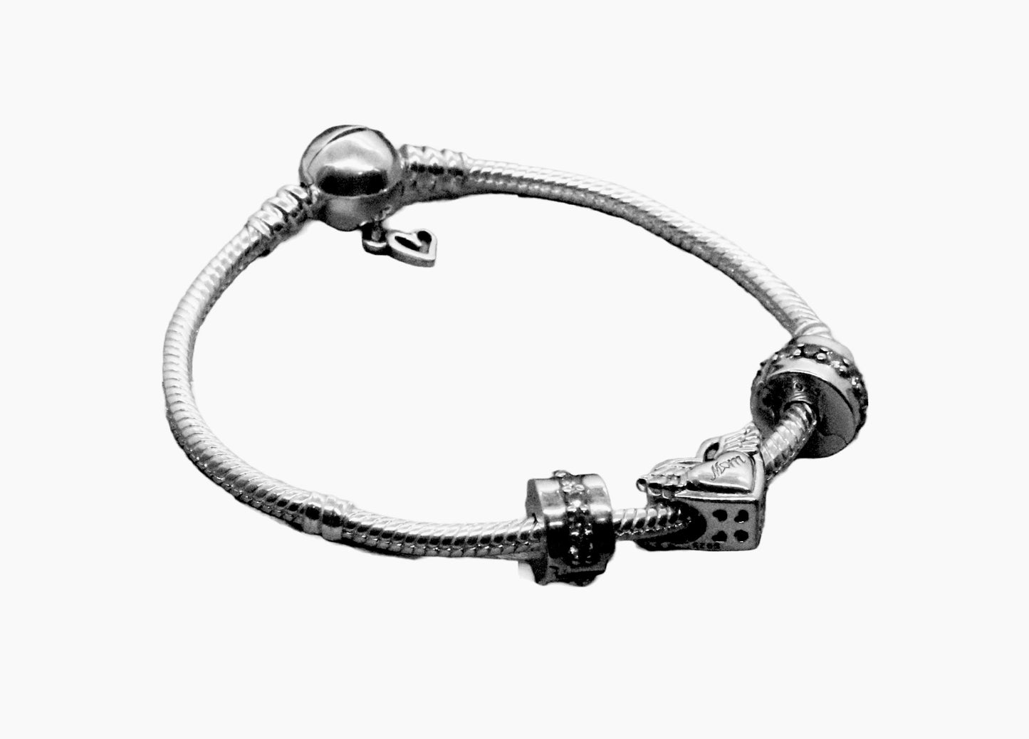 Elegant Sterling Silver Snake Charm Bead Bracelet with Engraved Heart and CZ Charms