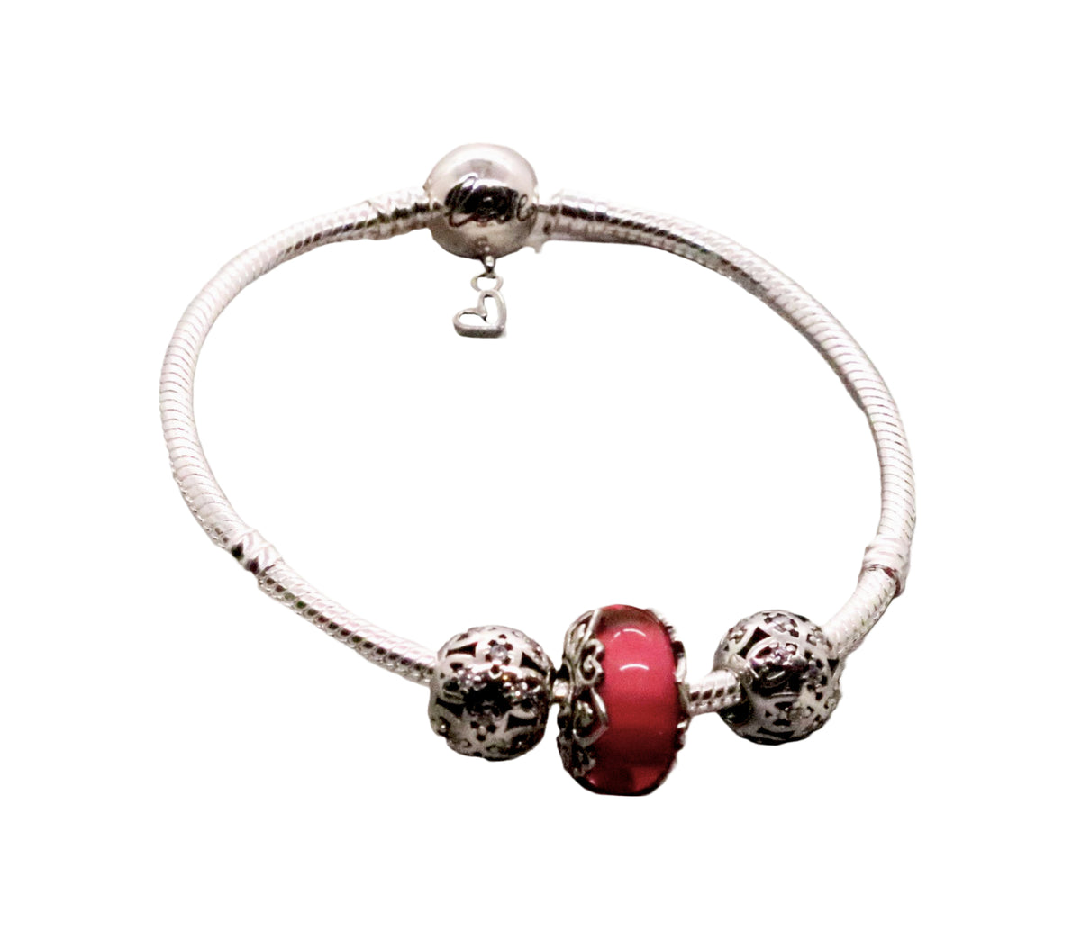 Sterling Silver Snake Charm Bead Bracelet with Filigree Beads, Orange Synthetic Stone Bead Charm