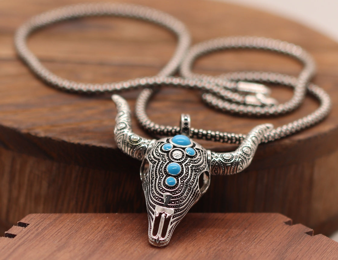 Handcrafted Sterling Silver Bull Head Skull Pendant with Natural Turquoise