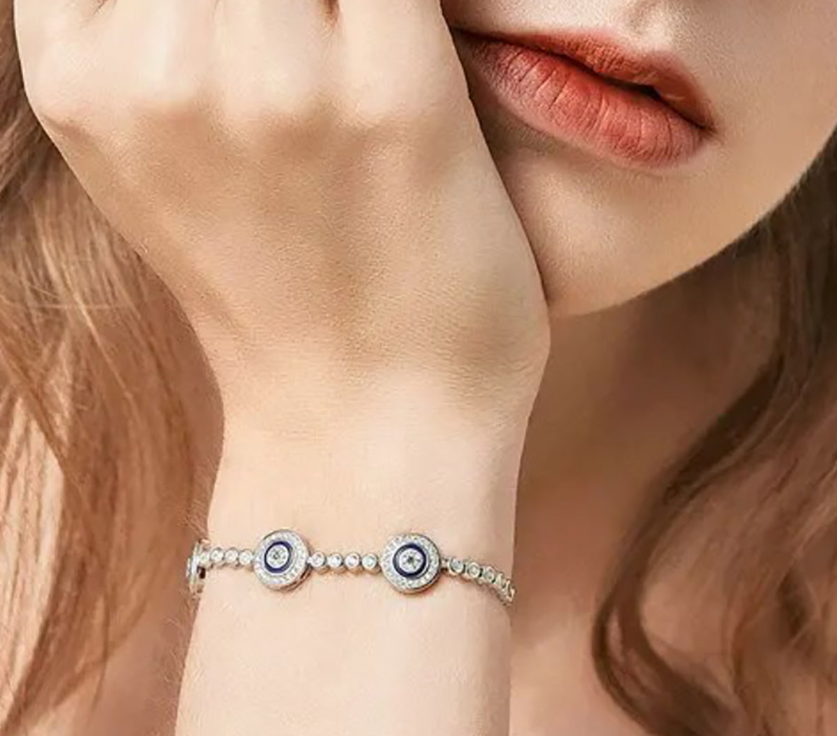 Sterling Silver Cubic Zirconia Adjustable Evil Eye Bracelet