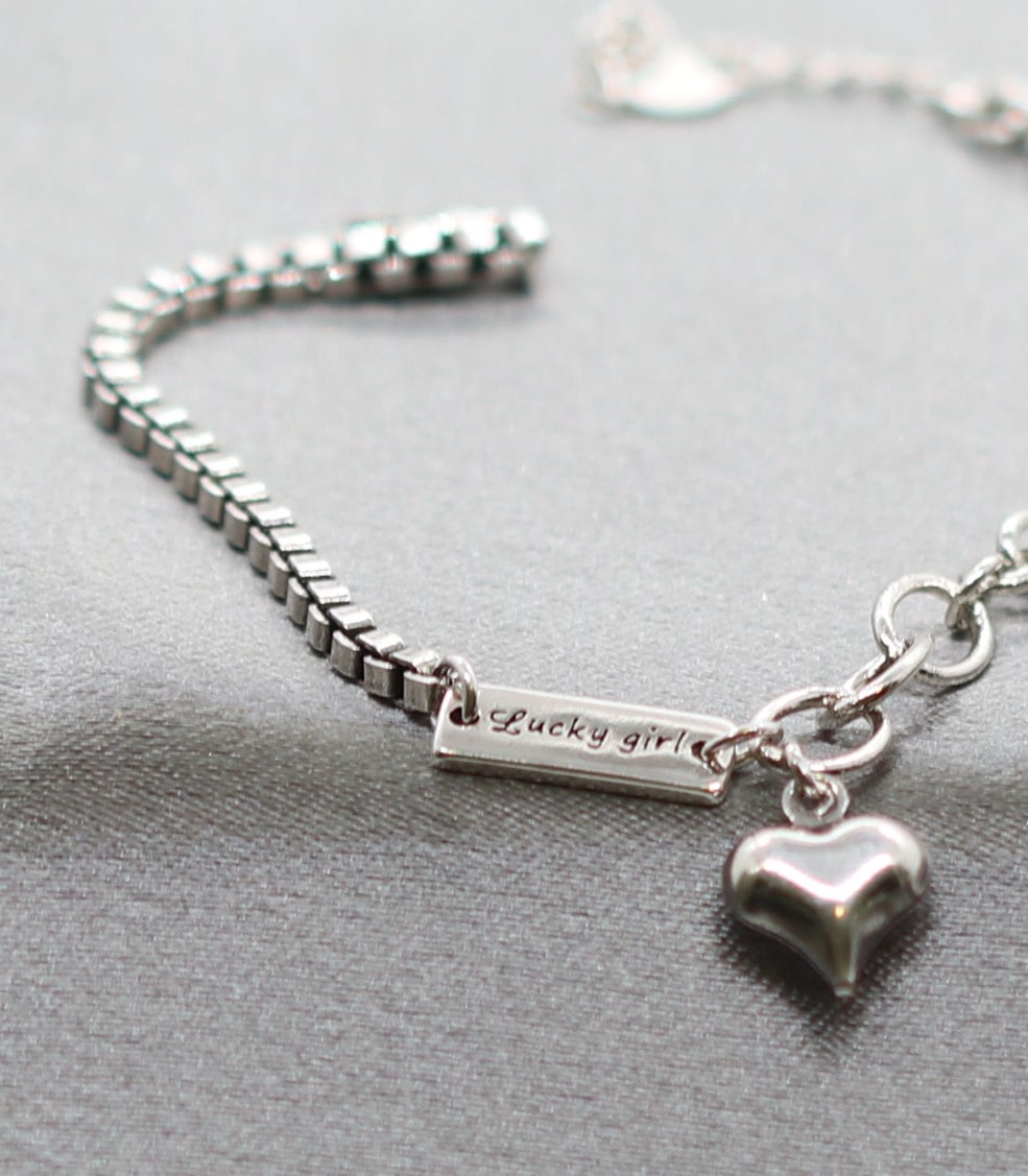 Vintage Rhodium Silver Anklet with ID Tag & Engraved Heart Charm