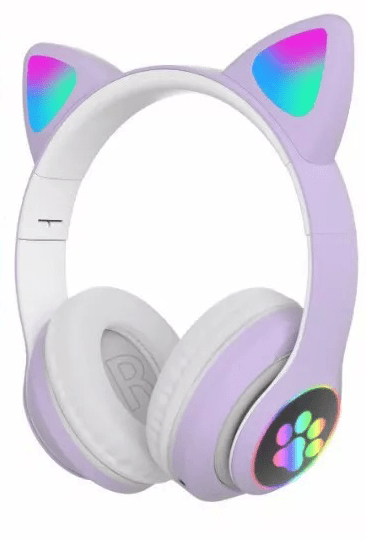 Cute Cat Ear Headphones With Wireless Bluetooth Noise Cancelling Microphone & LED Lights- Purple