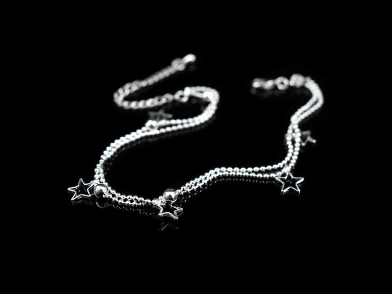 Alluring Sterling Silver Double Strand Anklet on Beautiful Dainty Ball Chain with Open Star Charms & Beads Symmetrically Proportioned on 9-Inch Adjustable Chain.