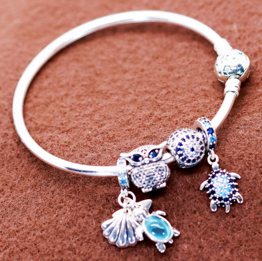 Sterling Silver Bangle Bracelet with Hanging Bird and Sea Life Charms