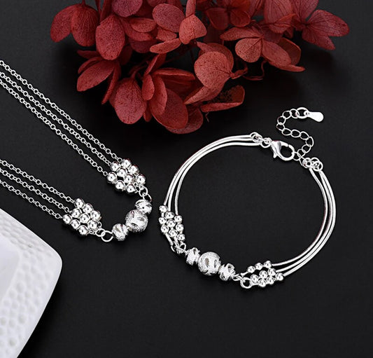 Sterling Silver Beaded Necklace and Bracelet Set