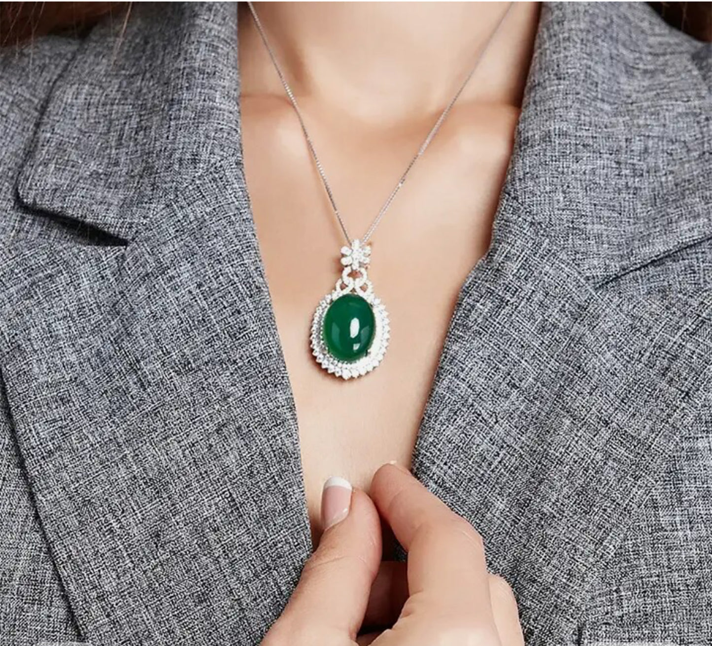 Opulent Oval Chalcedony Jade Elegance Sterling Silver Pendant