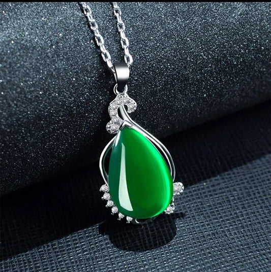 Majestic Pear Chalcedony Jade and Cubic Zirconia Elegance Sterling Silver Pendant