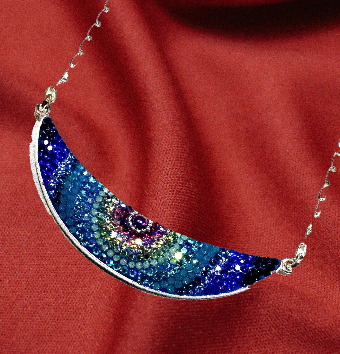 Mystical Rainbow Quadrant Sterling Silver Necklace with Vibrant Spectrum of Synthetic Stones