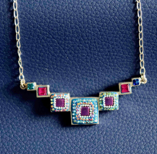 Sparkling Symphony Multi-Synthetic Gemstone Sterling Silver Necklace with various Graduated Sizes of Square Blocks