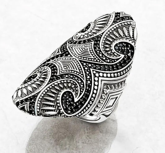 Sterling Silver Tattoo Inspired Oblong Shape Ring