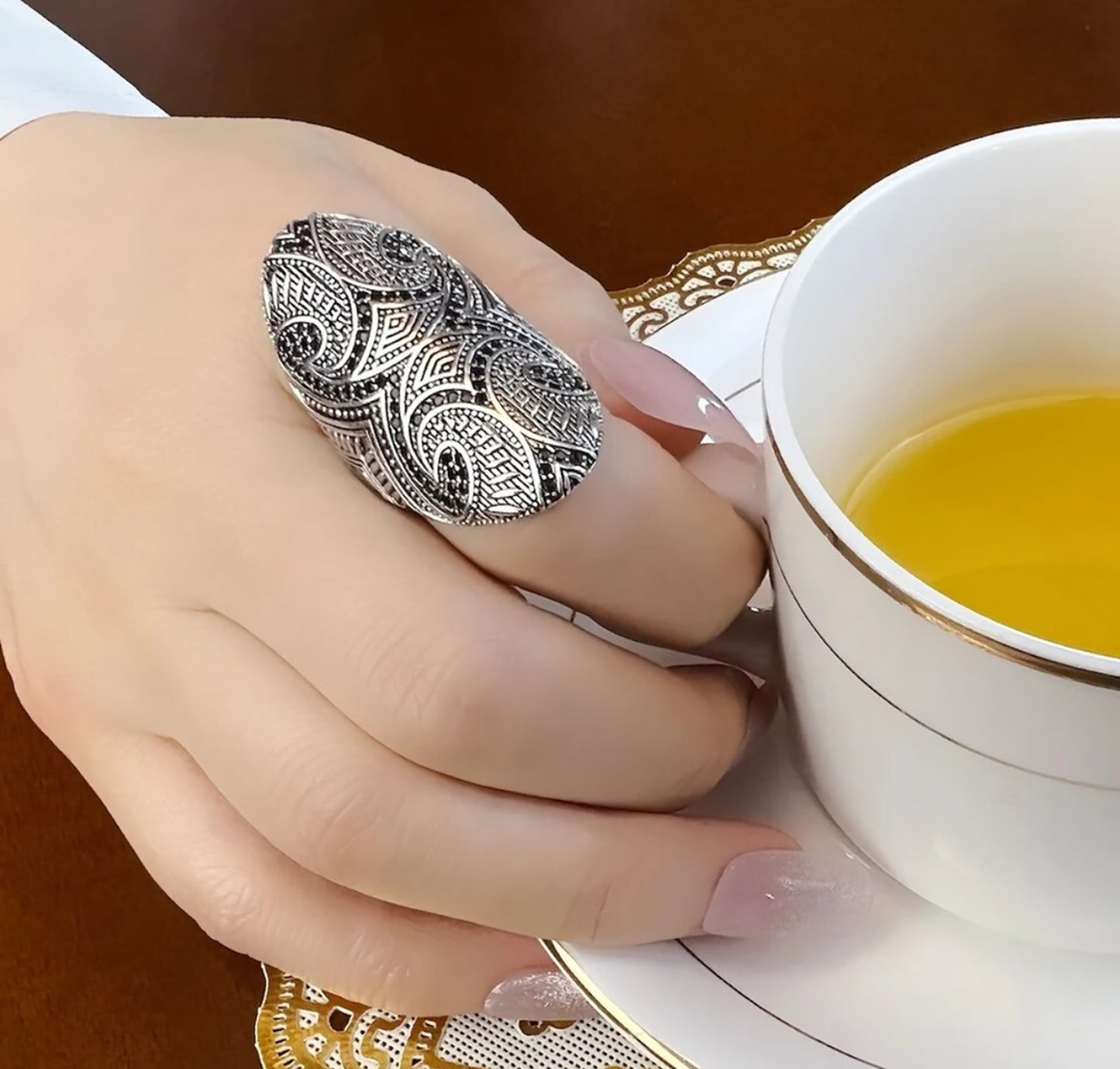Sterling Silver Tattoo Inspired Oblong Shape Ring