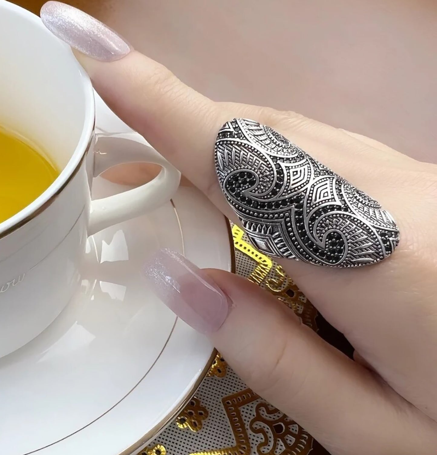 Sterling Silver Tattoo Inspired Oblong Shape Ring