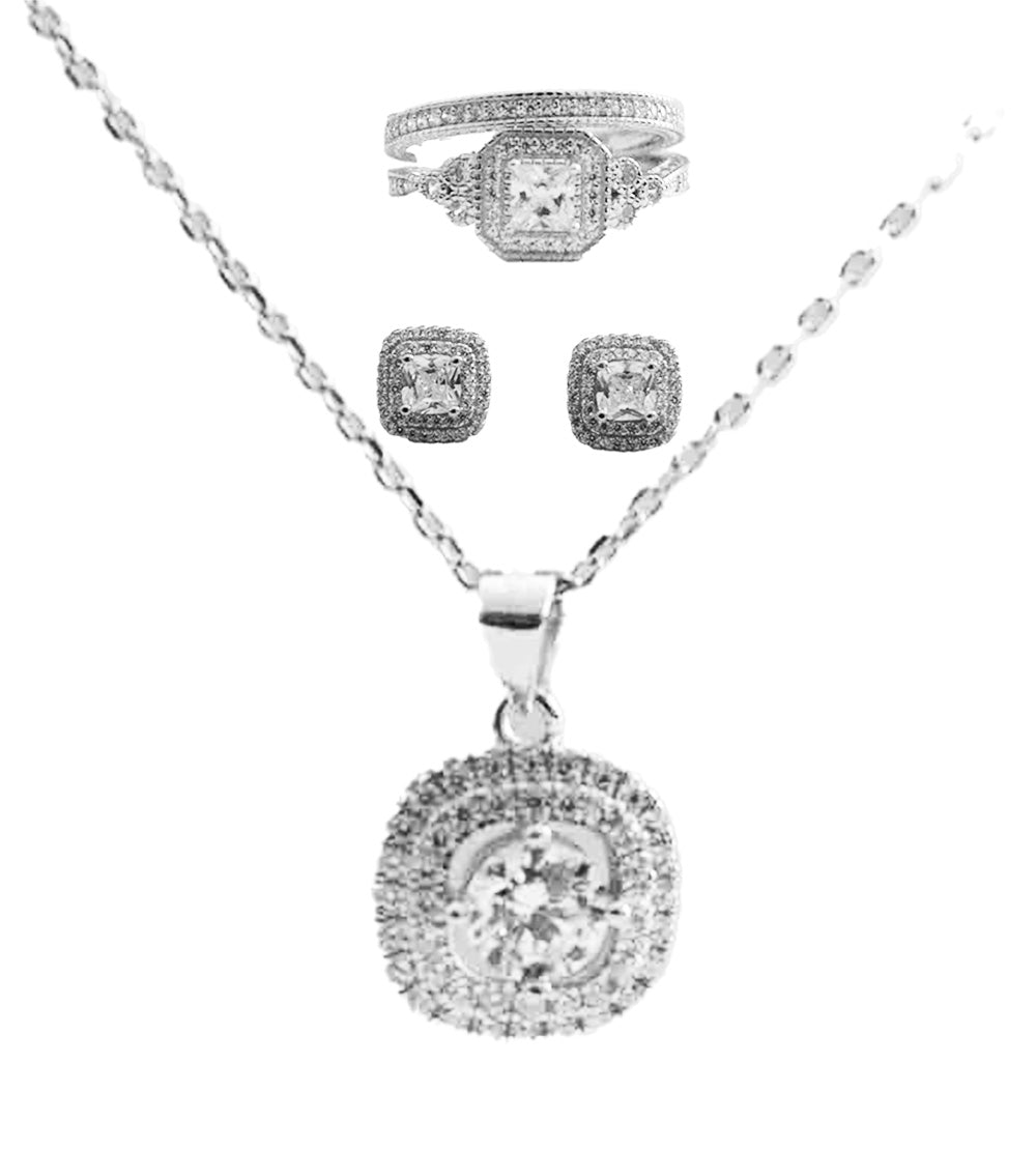 Dazzling Cushion Shape Sterling SilverSetting with Cubic Zirconia Jewelry Set