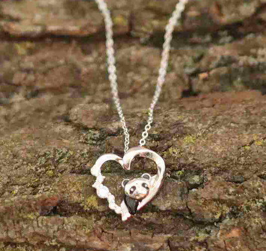 Sparkling Panda Love Sterling Silver Heart Pendant 18"