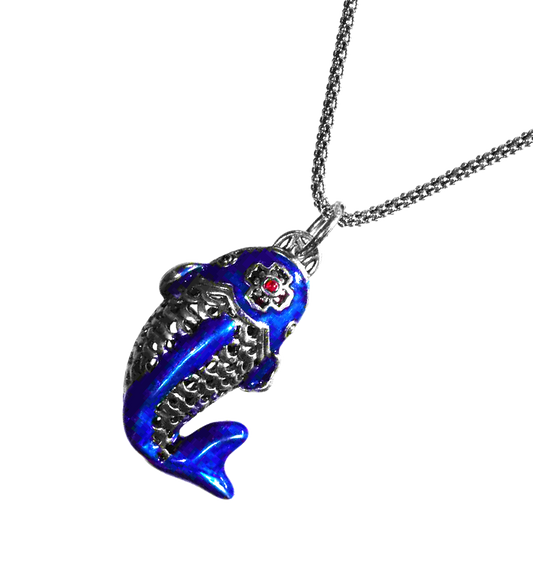 Waves of Serenity Sterling Silver Blue Enamel Koi Pendant - 20 inches