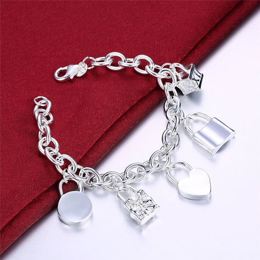 Beautiful Sterling Silver Charm Bracelet with an Assortment of Charming Heart, Square, and Lock Charms