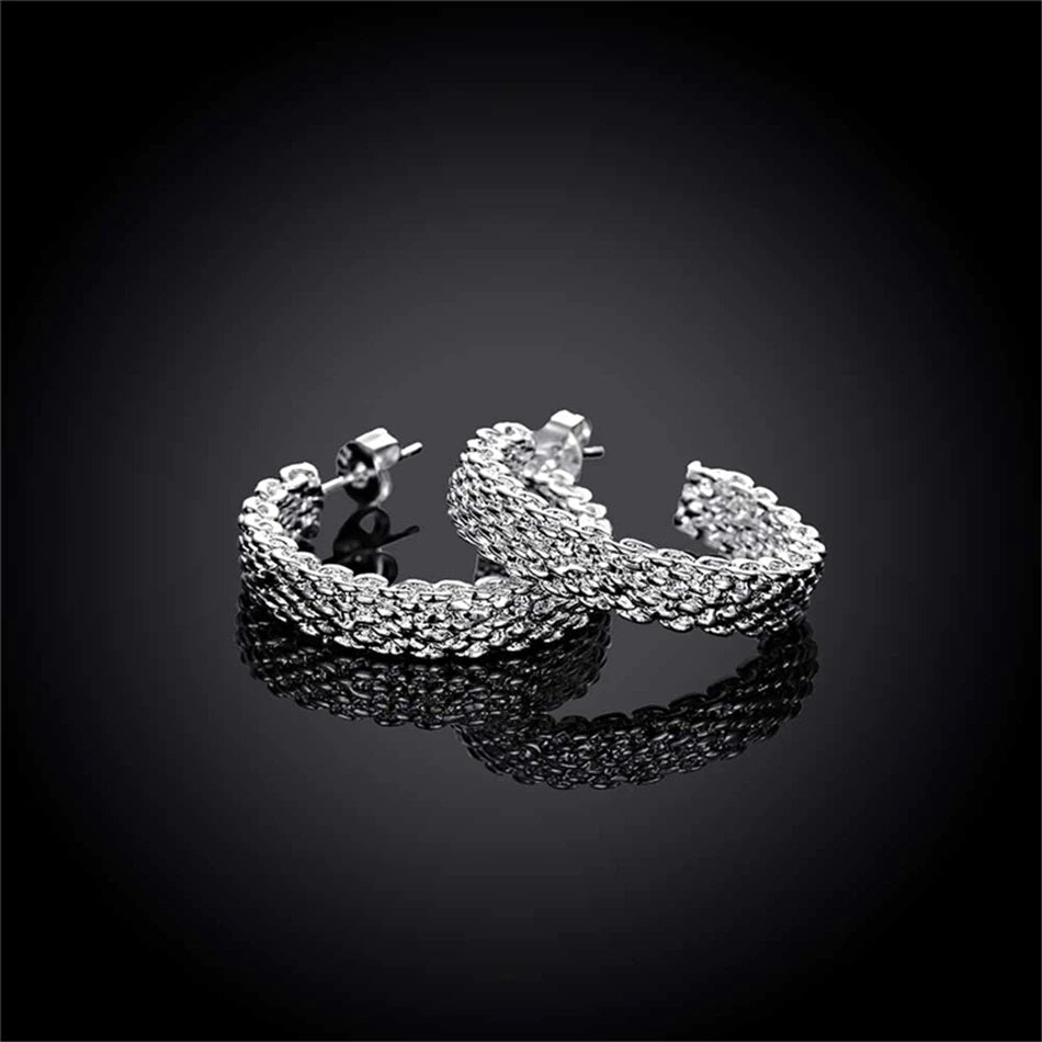 New Sterling Silver Elegantly Mesh Designed Hoop Earrings 26.5mm Round with Straight Silver Ear post.