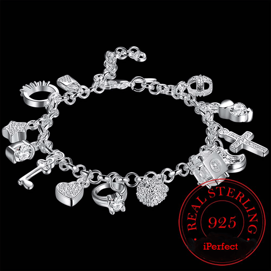 Sterling Silver Charm Bracelet With Assortment Of Multiple Charms