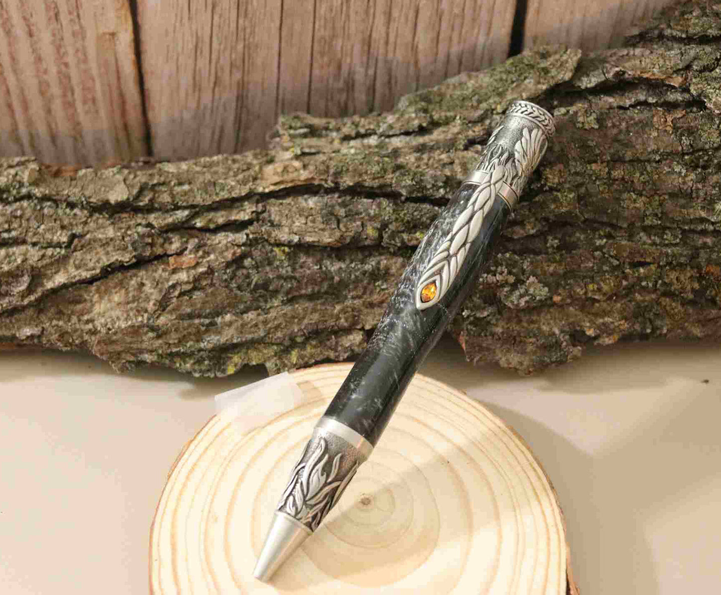 Handcrafted Ebony Color Acrylic  With Metal Phoenix Rising Antique Pewter Design Twist Pen