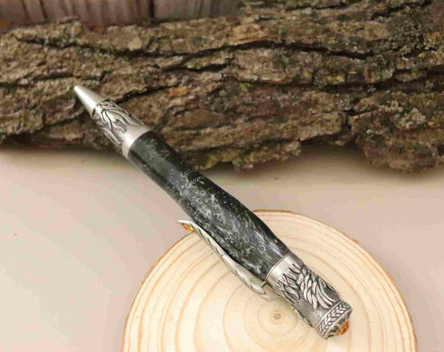 Handcrafted Ebony Color Acrylic  With Metal Phoenix Rising Antique Pewter Design Twist Pen