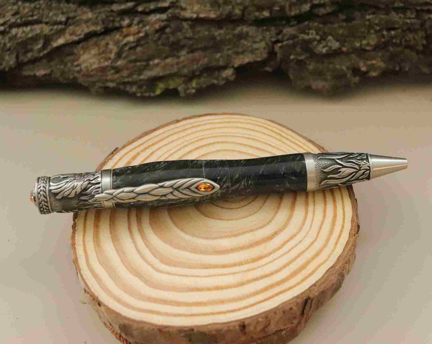 Handcrafted Ebony Color Acrylic  With Metal Phoenix Rising Antique Pewter Design Twist Pen