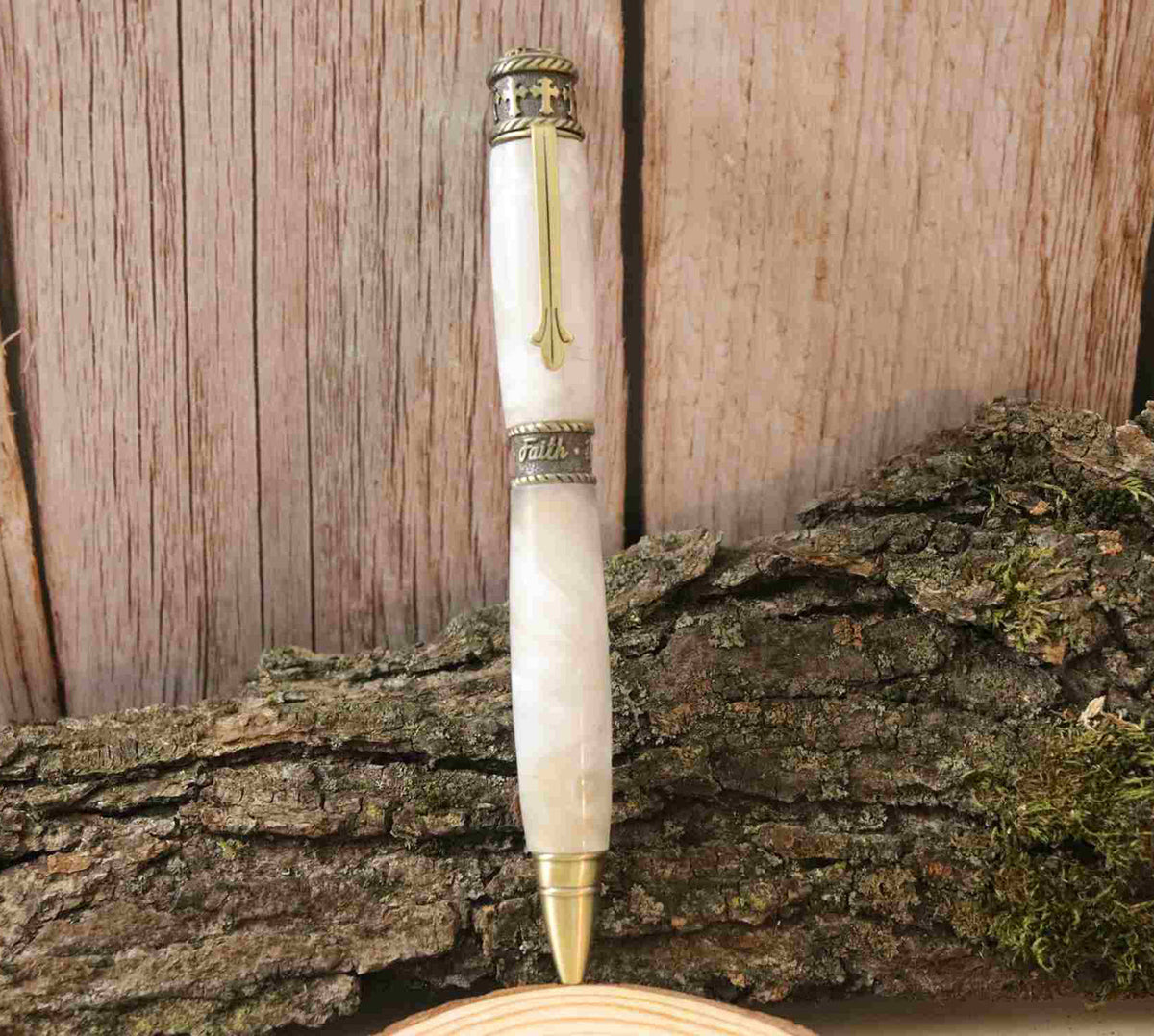 Handcrafted Acrylic Opal White Twist Pen- Faith With Antique Pewter Finish