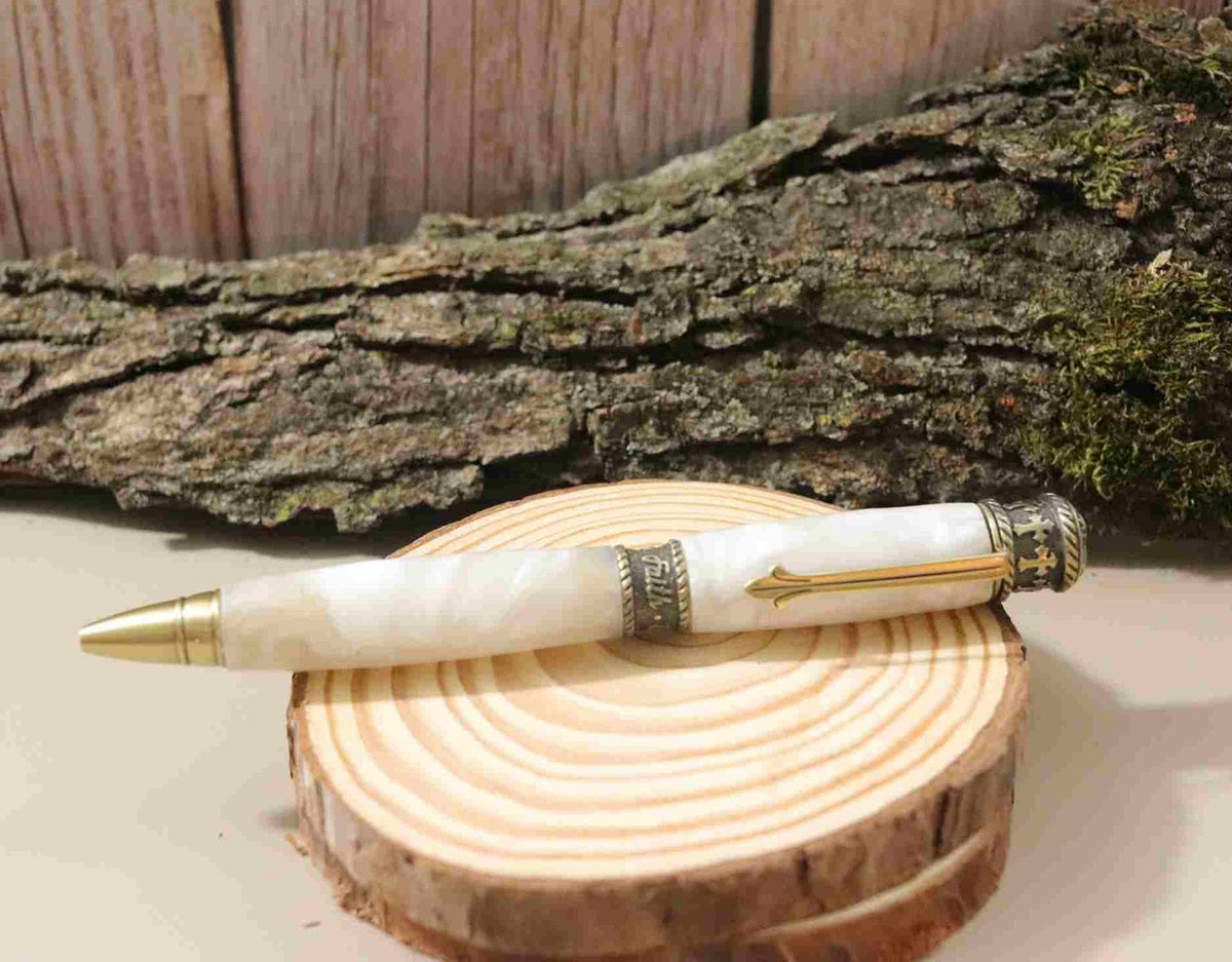 Handcrafted Acrylic Opal White Twist Pen- Faith With Antique Pewter Finish