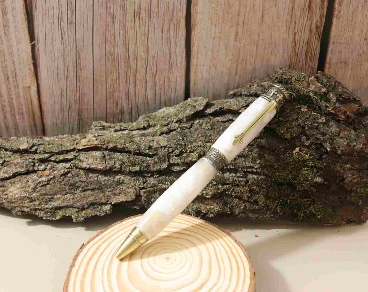 Handcrafted Acrylic Opal White Twist Pen- Faith With Antique Pewter Finish