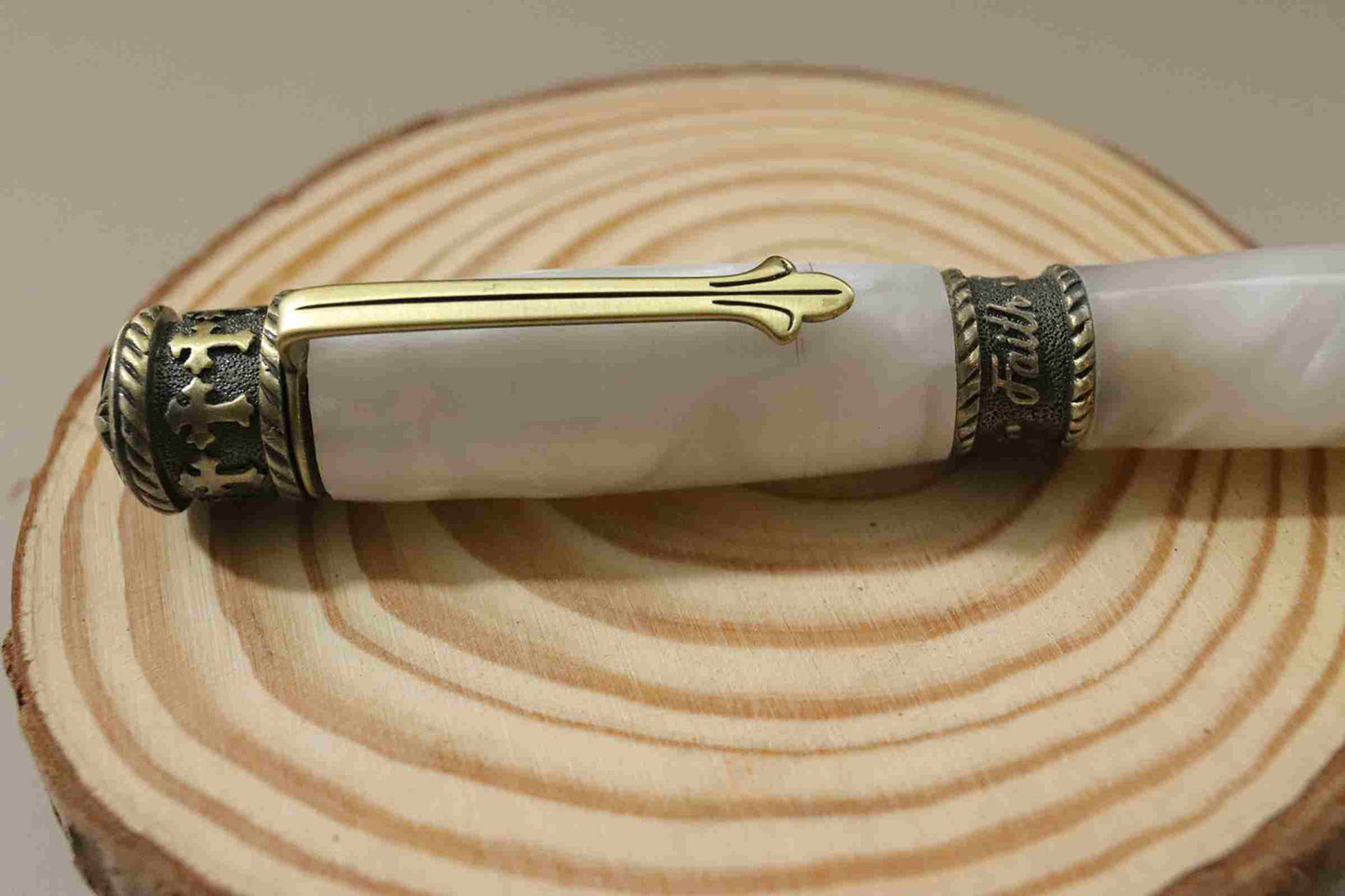 Handcrafted Acrylic Opal White Twist Pen- Faith With Antique Pewter Finish