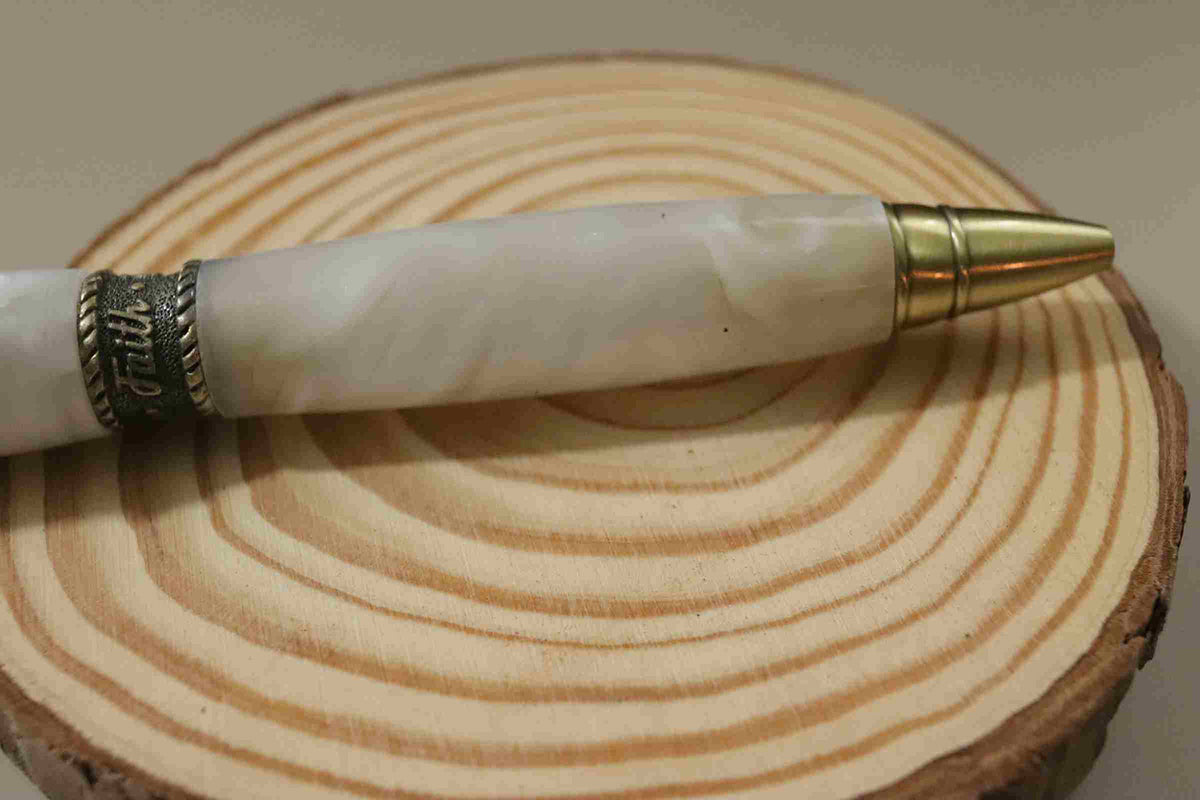 Handcrafted Acrylic Opal White Twist Pen- Faith With Antique Pewter Finish
