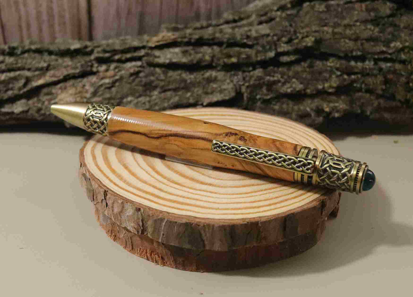 Handcrafted Olive Wood With 24KT Gold Plated Metal Lattice Design Twist Pen