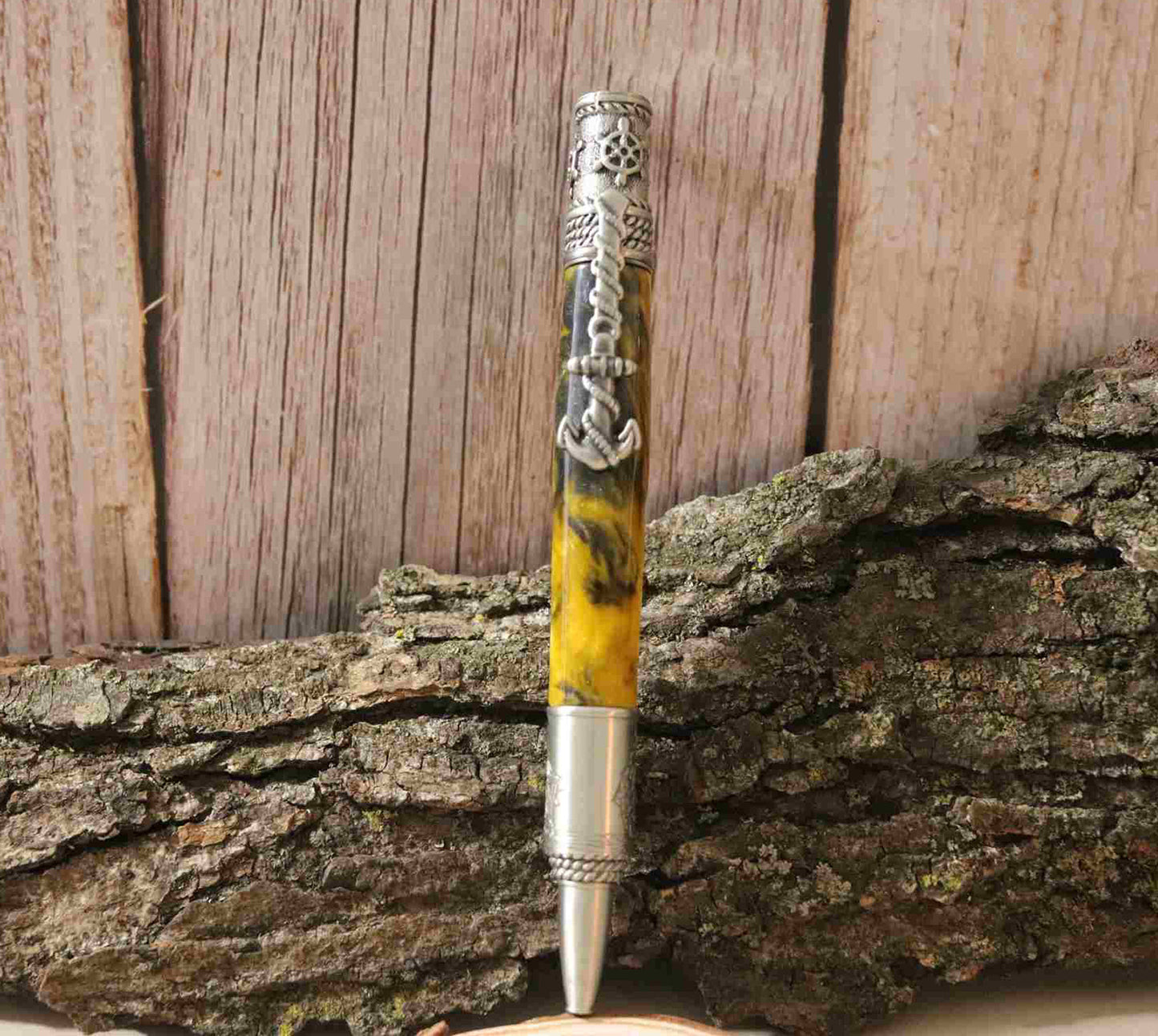 Handcrafted Acrylic Yellow/Black- Nautical Antique Pewter Finish Twist Pen