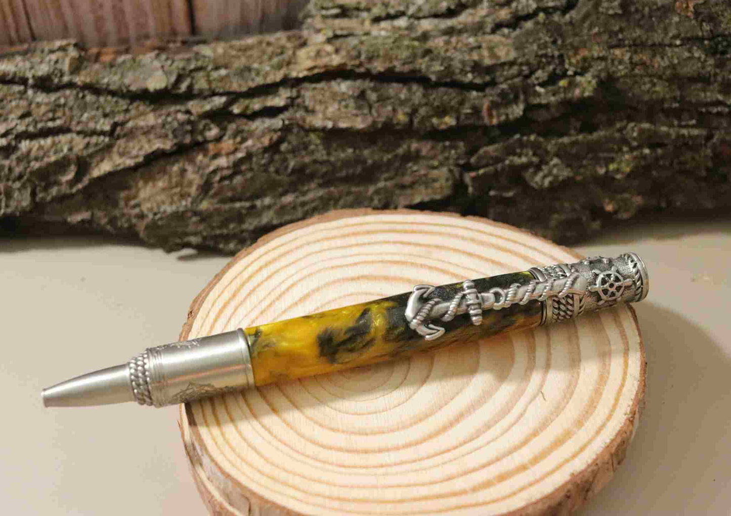 Handcrafted Acrylic Yellow/Black- Nautical Antique Pewter Finish Twist Pen