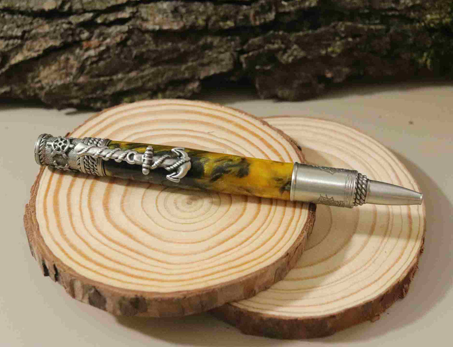 Handcrafted Acrylic Yellow/Black- Nautical Antique Pewter Finish Twist Pen